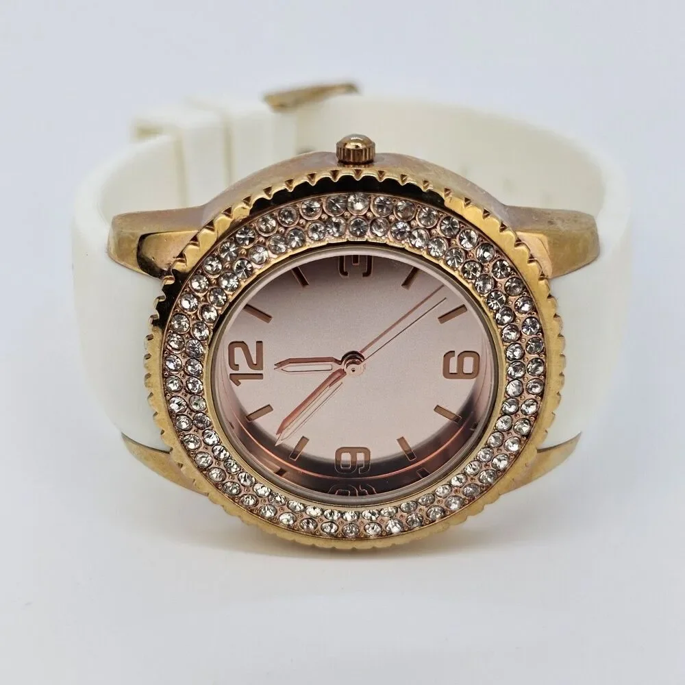 Women's Watch 39MM Gold Dial Case Crystal Bezel White Plastic Bands New‎ Battery
